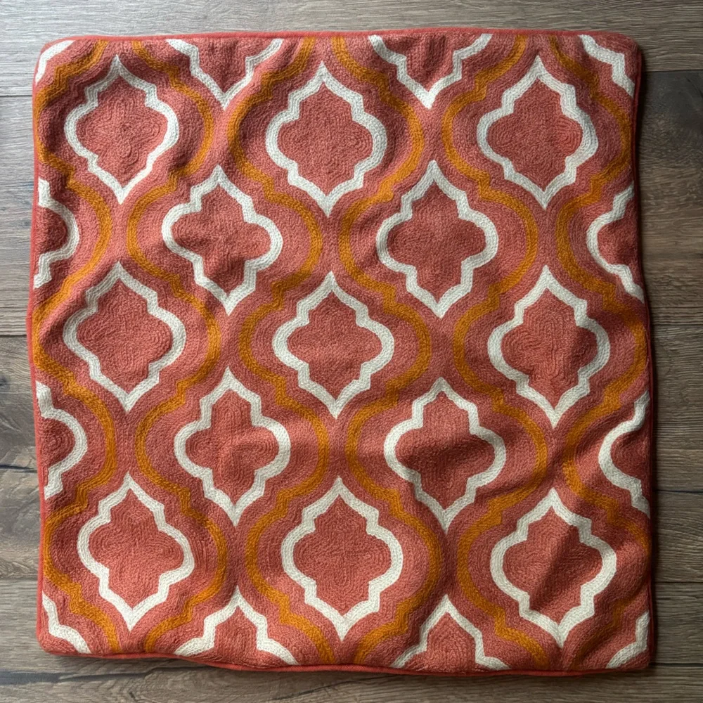 Wisteria Crewel Wool Orange Pink Geometric Pillow Cover Sham 20x20 Square
